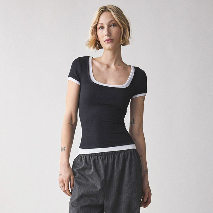 Contrast Trim Square Neck Ribbed Tee – Black & Brown - Vedlit