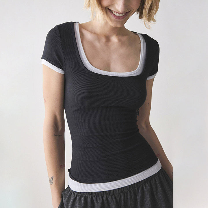 Contrast Trim Square Neck Ribbed Tee – Black & Brown - Vedlit