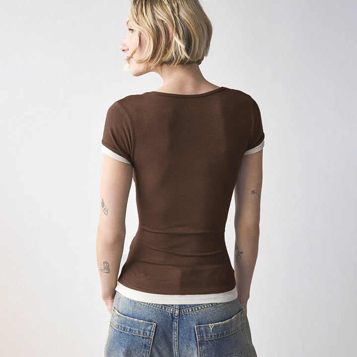 Contrast Trim Square Neck Ribbed Tee – Black & Brown - Vedlit