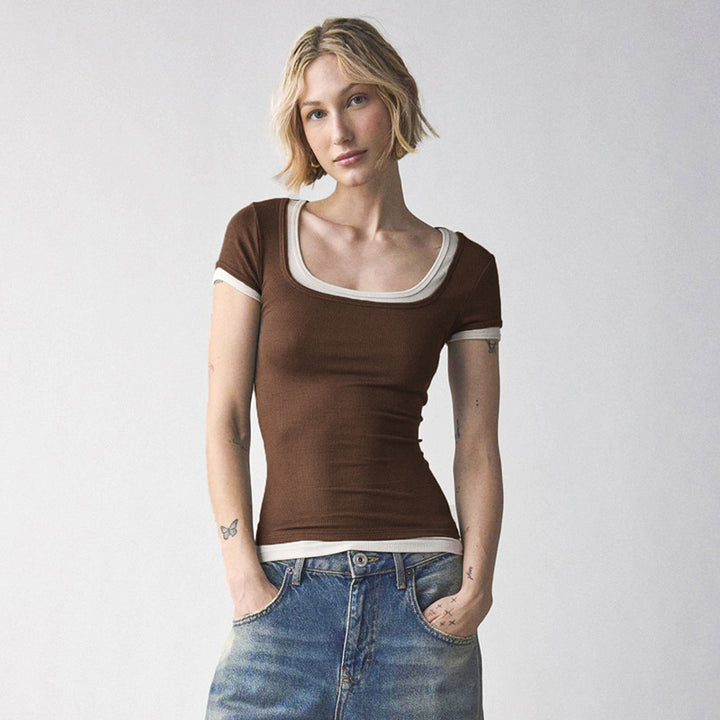 Contrast Trim Square Neck Ribbed Tee – Black & Brown - Vedlit