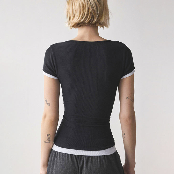 Contrast Trim Square Neck Ribbed Tee – Black & Brown - Vedlit