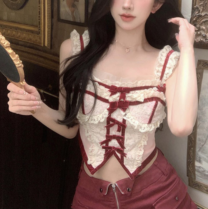 White & Red Coquette Lace Corset Top - Vedlit