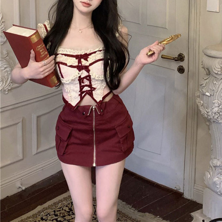 White & Red Coquette Lace Corset Top - Vedlit
