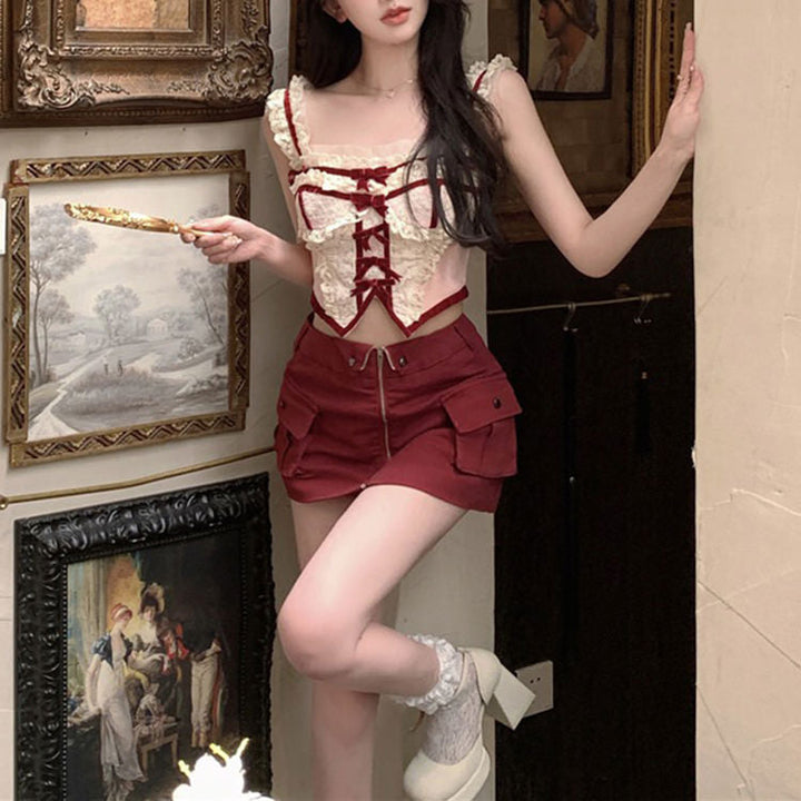 White & Red Coquette Lace Corset Top - Vedlit