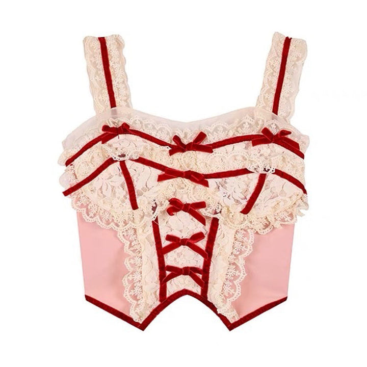 White & Red Coquette Lace Corset Top - Vedlit