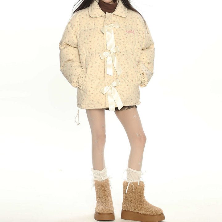 Cottagecore Cream Floral Padded Jacket - Vedlit