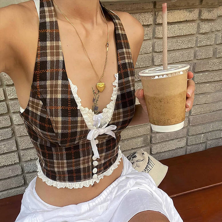 Cottagecore Plaid Halter Top - Vedlit