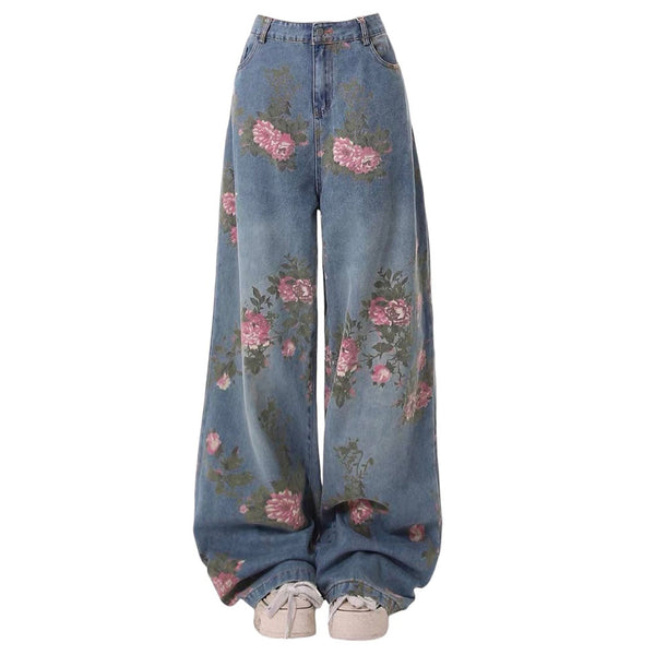 Cottagecore Rose Print Wide Jeans - Vedlit