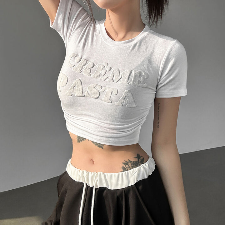 Crème Pasta Embossed White Crop Top Tee – Y2K Aesthetic - Vedlit