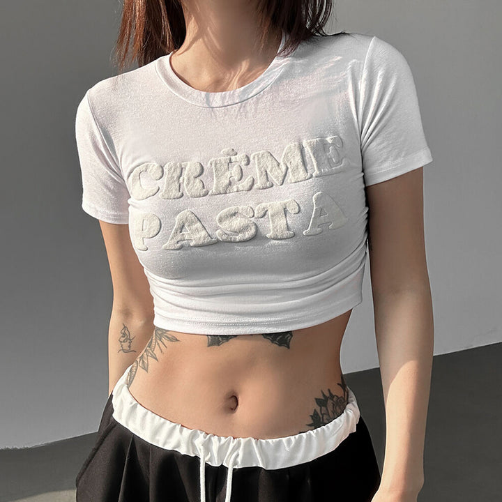 Crème Pasta Embossed White Crop Top Tee – Y2K Aesthetic - Vedlit