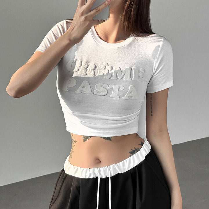 Crème Pasta Embossed White Crop Top Tee – Y2K Aesthetic - Vedlit