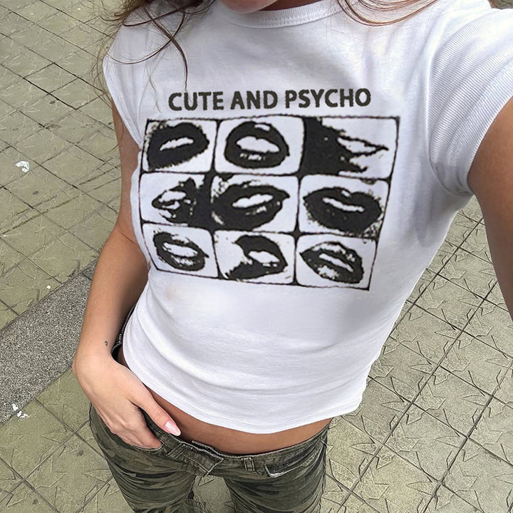 Cute and Psycho Graphic Baby Tee – Edgy Lips Print - Vedlit