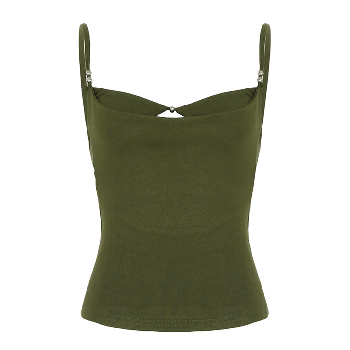 Cutout Cowl Neck Slim-Fit Cami Top in Olive Green - Vedlit