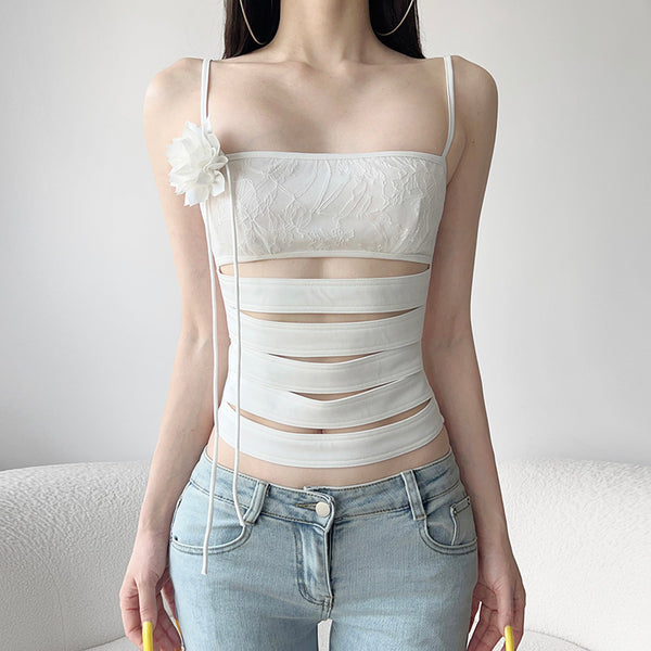 Cutout Lace-Up Strappy Floral Top – Y2K Aesthetic White - Vedlit