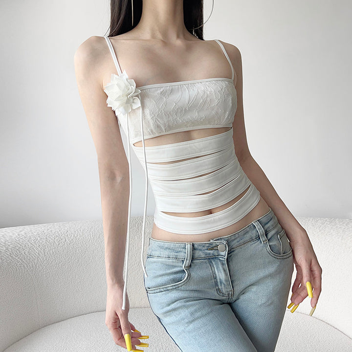 Cutout Lace-Up Strappy Floral Top – Y2K Aesthetic White - Vedlit