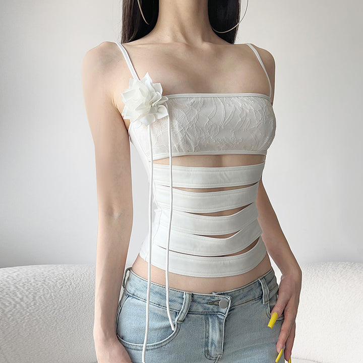 Cutout Lace-Up Strappy Floral Top – Y2K Aesthetic White - Vedlit