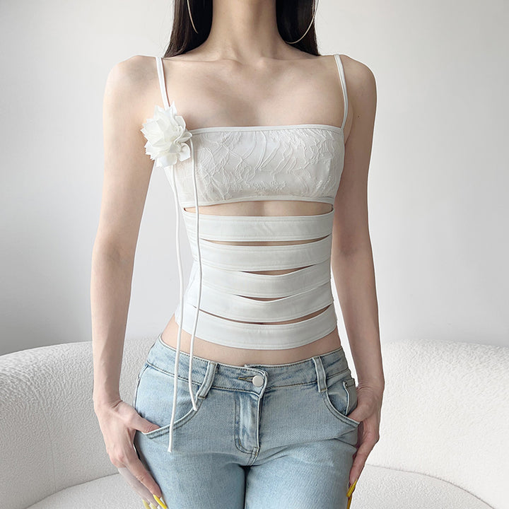 Cutout Lace-Up Strappy Floral Top – Y2K Aesthetic White - Vedlit