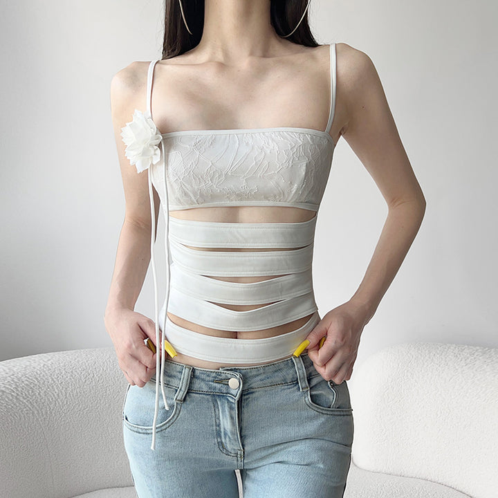 Cutout Lace-Up Strappy Floral Top – Y2K Aesthetic White - Vedlit