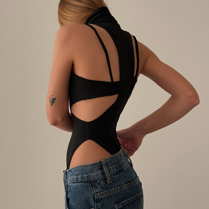 Cutout Turtleneck Backless Bodysuit with Bra Top Set - Vedlit