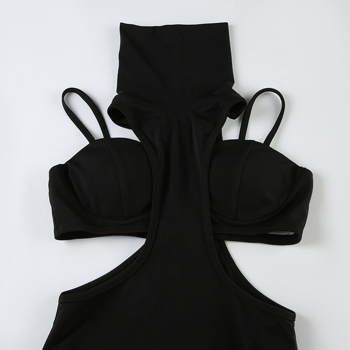 Cutout Turtleneck Backless Bodysuit with Bra Top Set - Vedlit
