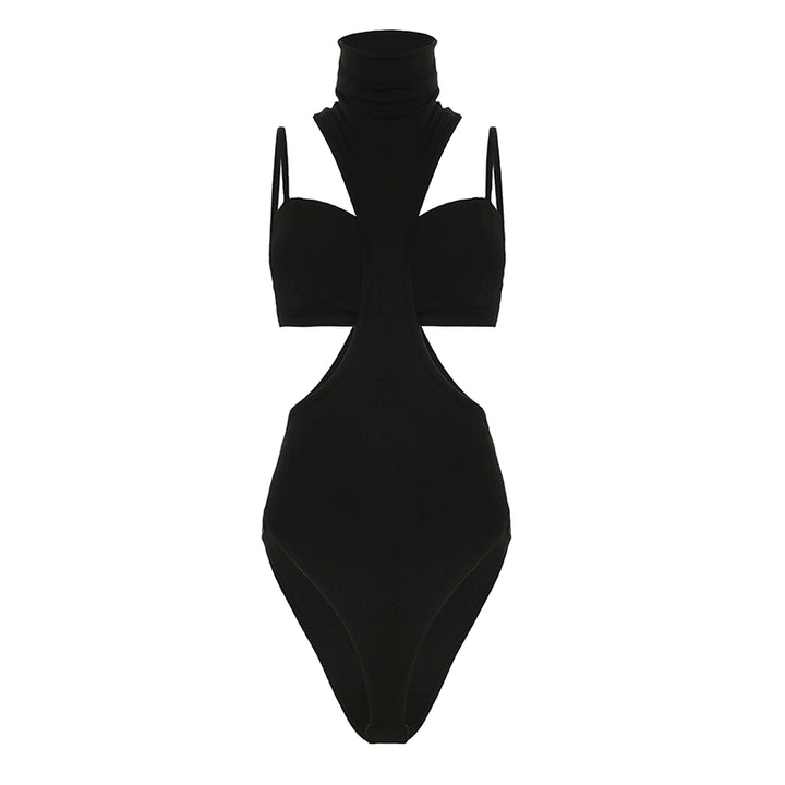Cutout Turtleneck Backless Bodysuit with Bra Top Set - Vedlit