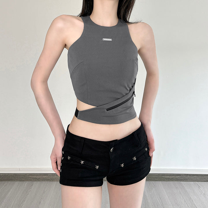 Cutout Zip Waist Racerback Crop Top - Grey Street Style - Vedlit