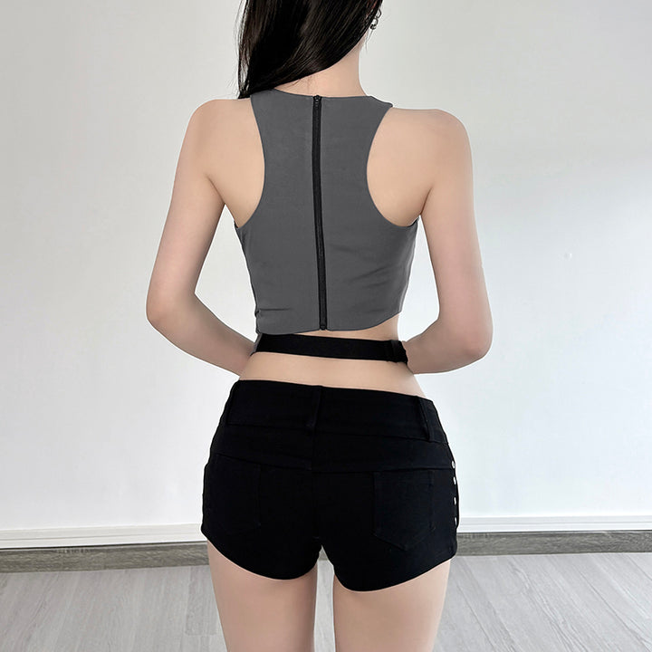 Cutout Zip Waist Racerback Crop Top - Grey Street Style - Vedlit