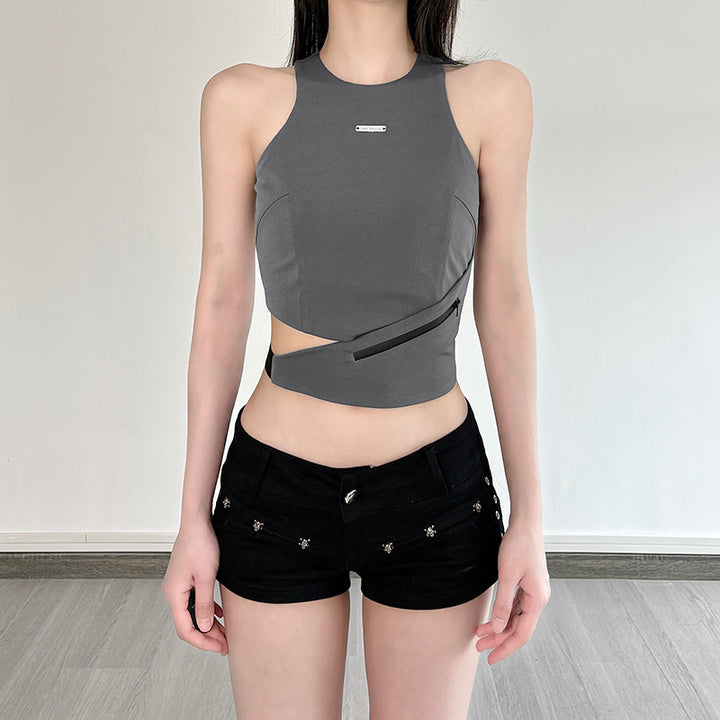 Cutout Zip Waist Racerback Crop Top - Grey Street Style - Vedlit