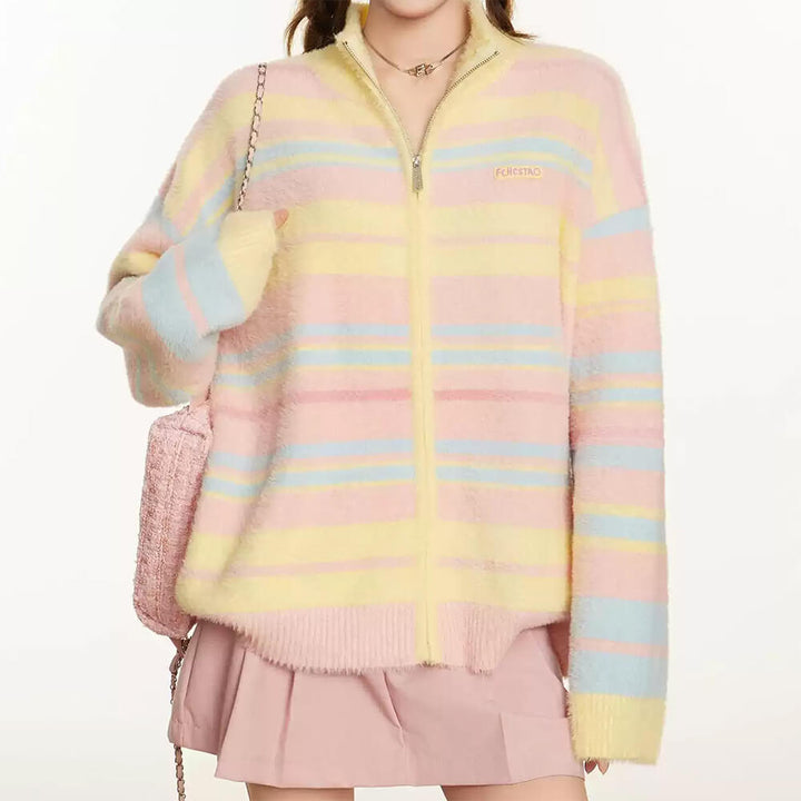 Danish Pastel Striped Zip-Up Jumper - Vedlit