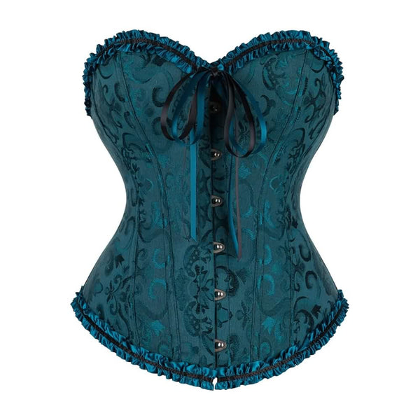 Dark Blue Gothic Ruffle Trim Hourglass Overbust Corset - Vedlit