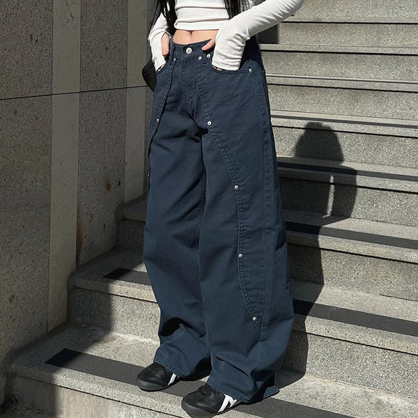 Dark Blue Techwear Wide-Leg Rivet Pants with Street Style Vibe - Vedlit