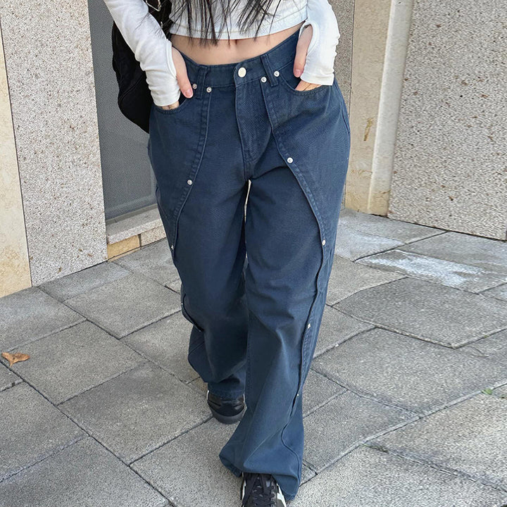 Dark Blue Techwear Wide-Leg Rivet Pants with Street Style Vibe - Vedlit