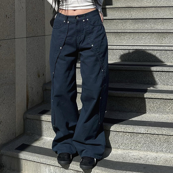 Dark Blue Techwear Wide-Leg Rivet Pants with Street Style Vibe - Vedlit