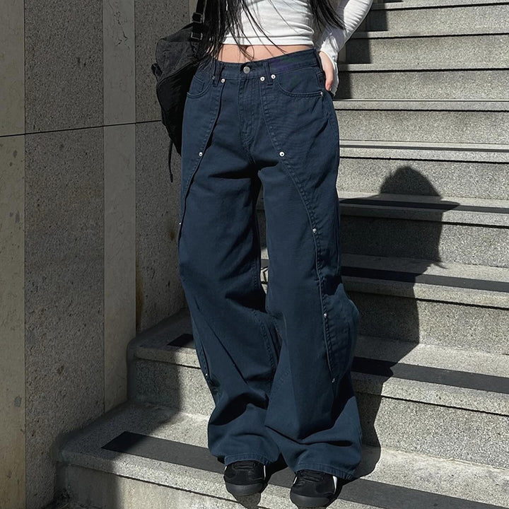 Dark Blue Techwear Wide-Leg Rivet Pants with Street Style Vibe - Vedlit