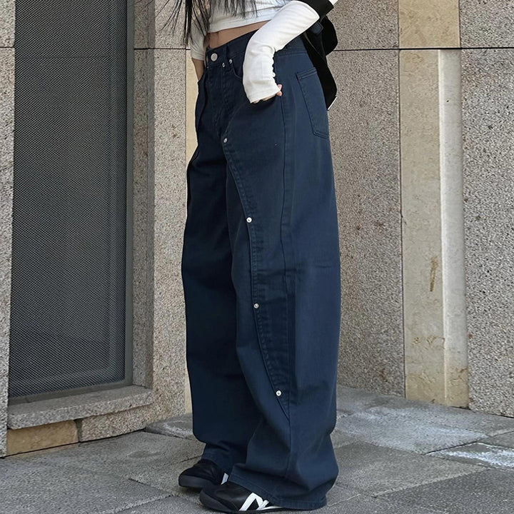 Dark Blue Techwear Wide-Leg Rivet Pants with Street Style Vibe - Vedlit