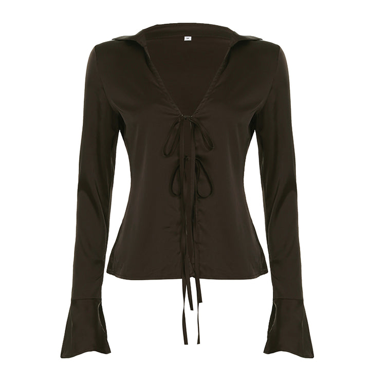 Dark Brown Tie Front Satin Shirt – Flare Sleeve Y2K Top - Vedlit