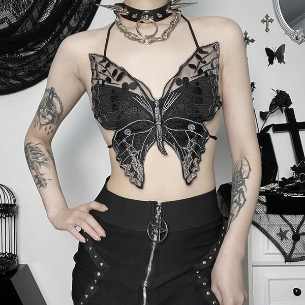 Dark Gothic Buterfly Halter Top - Vedlit