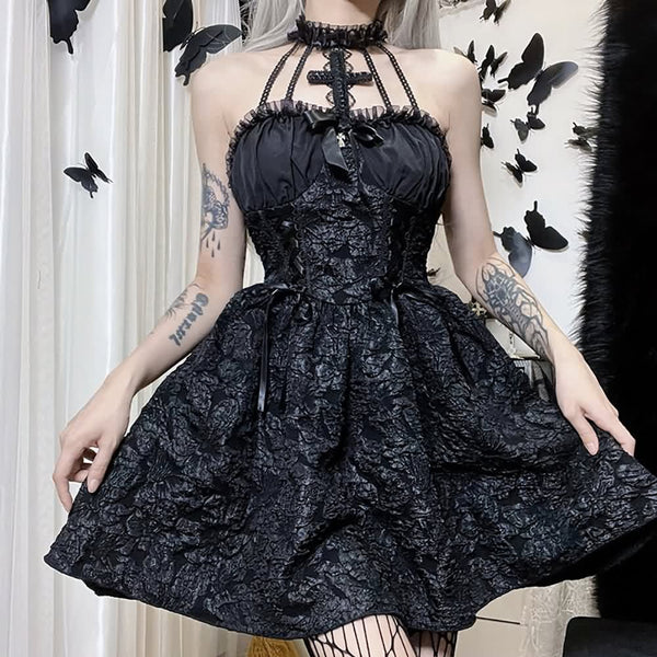 Dark Gothic Tie Front Short Halter Dress - Vedlit