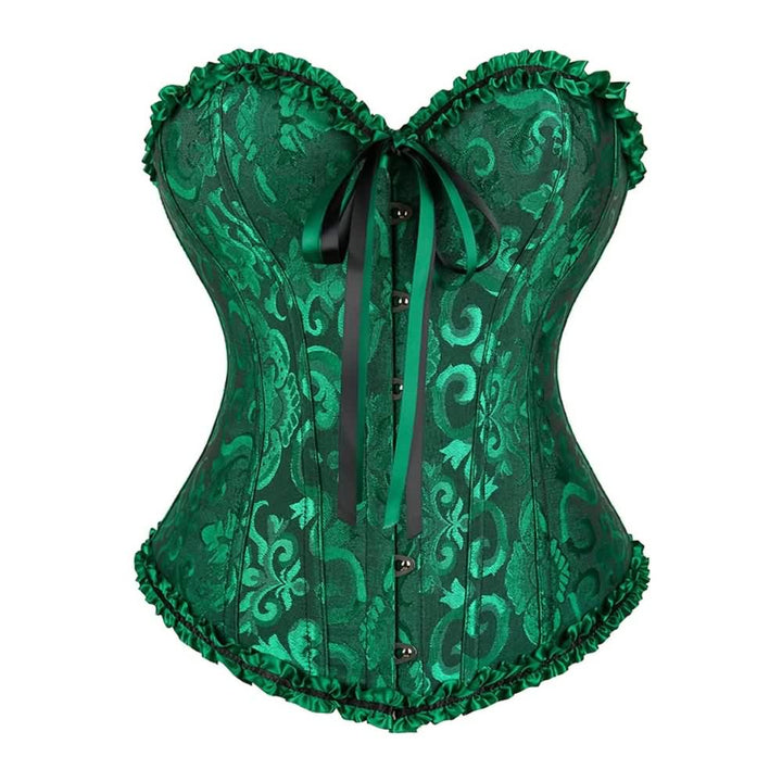 Dark Green Gothic Ruffle Trim Hourglass Overbust Corset - Vedlit