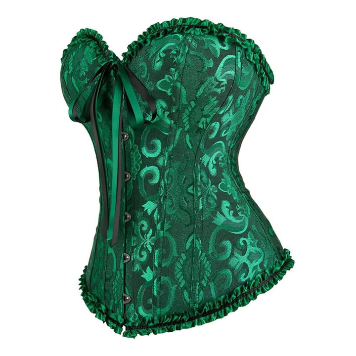 Dark Green Gothic Ruffle Trim Hourglass Overbust Corset - Vedlit