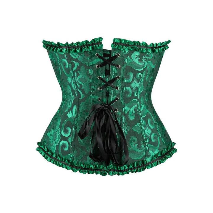 Dark Green Gothic Ruffle Trim Hourglass Overbust Corset - Vedlit