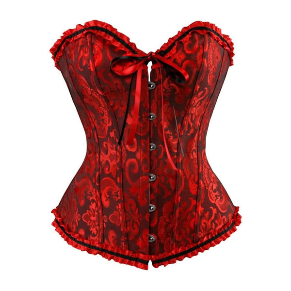 Dark Red Gothic Ruffle Trim Hourglass Overbust Corset - Vedlit