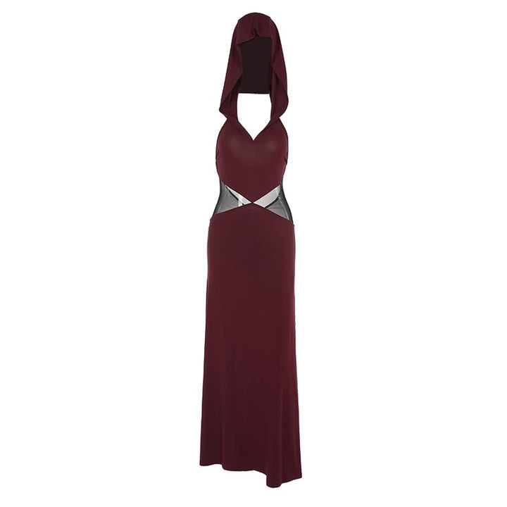 Dark Red Open Back Hooded Maxi Dress - Vedlit
