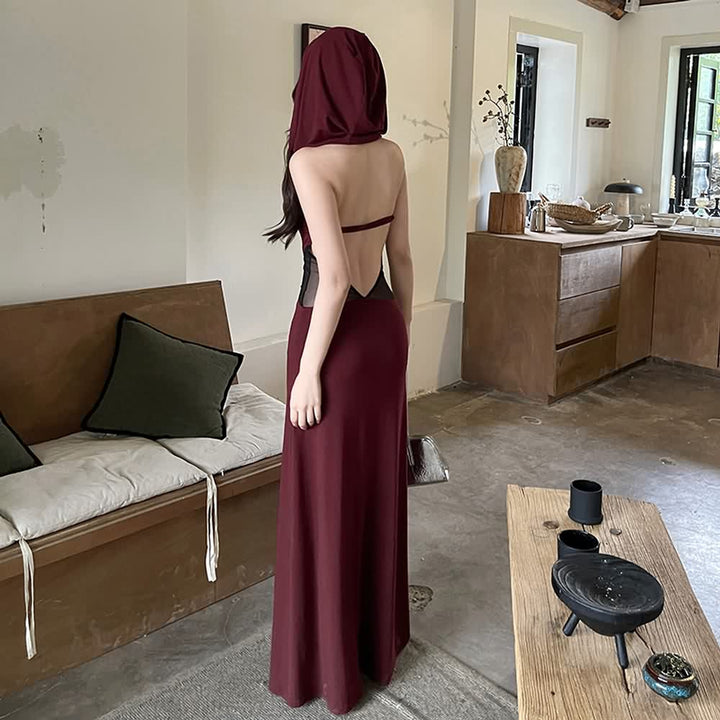 Dark Red Open Back Hooded Maxi Dress - Vedlit