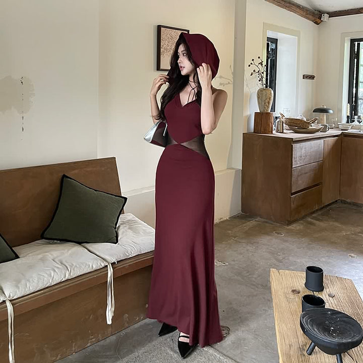 Dark Red Open Back Hooded Maxi Dress - Vedlit
