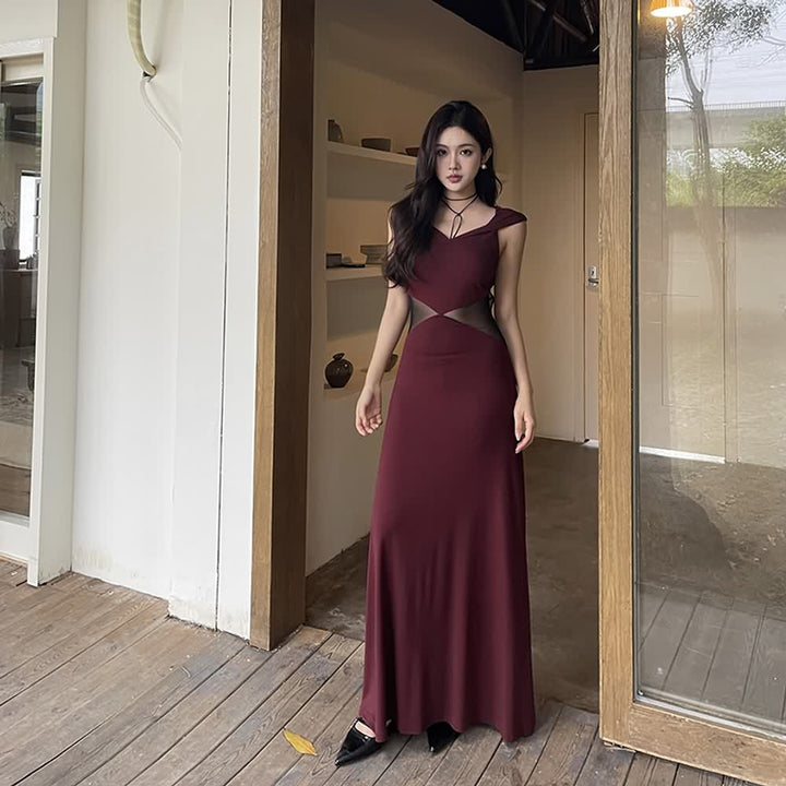 Dark Red Open Back Hooded Maxi Dress - Vedlit