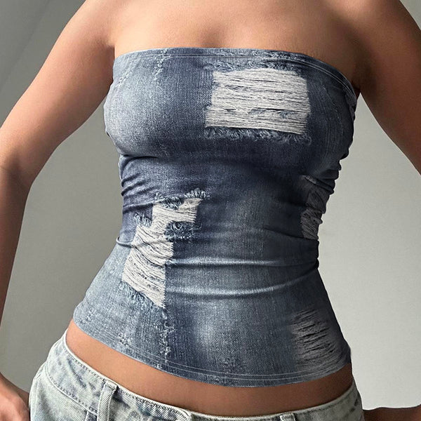 Denim Print Strapless Tube Top – Distressed Style Look - Vedlit