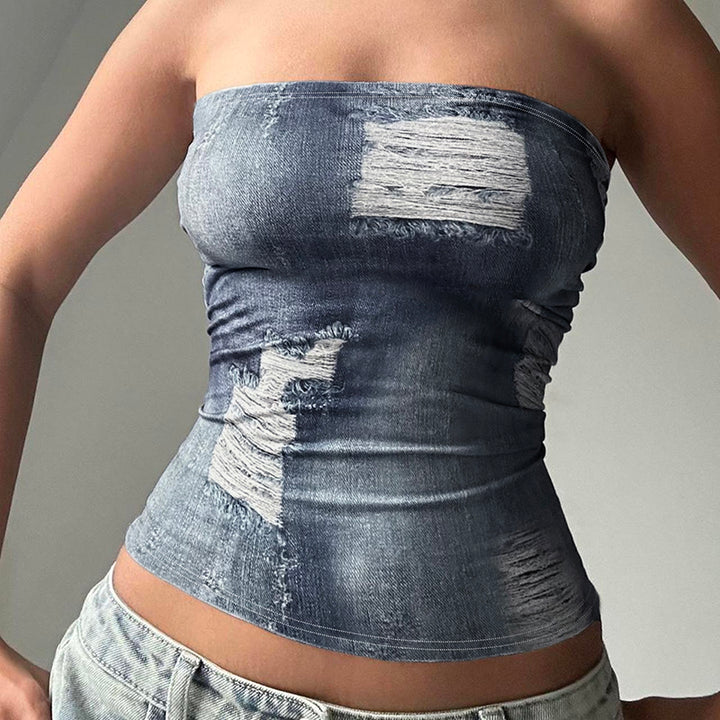 Denim Print Strapless Tube Top – Distressed Style Look - Vedlit