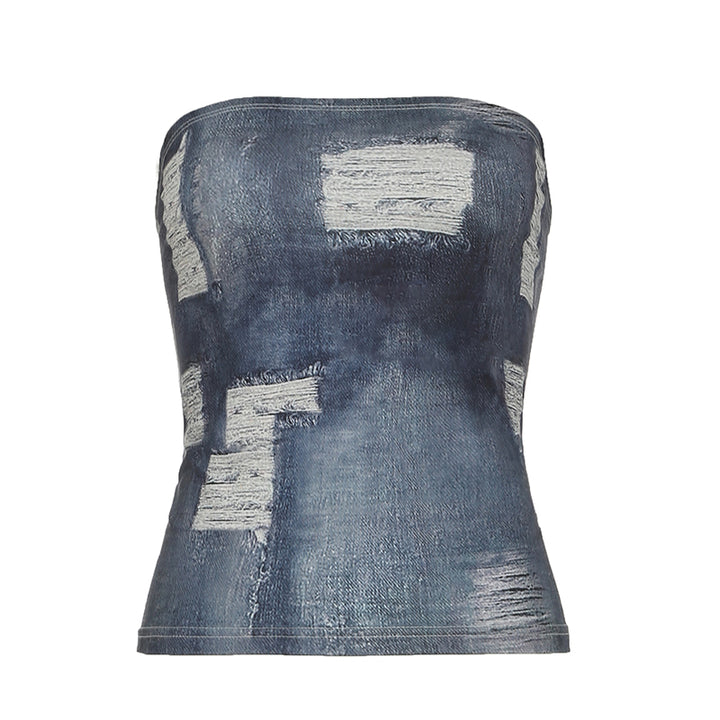 Denim Print Strapless Tube Top – Distressed Style Look - Vedlit