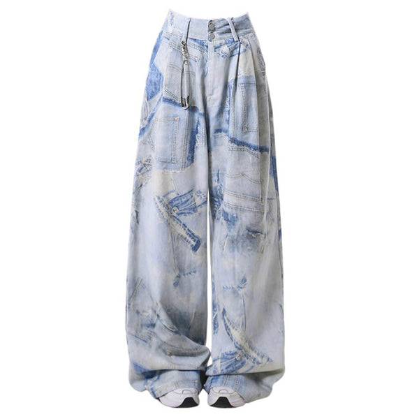 Denim Effect Print Trousers - Vedlit